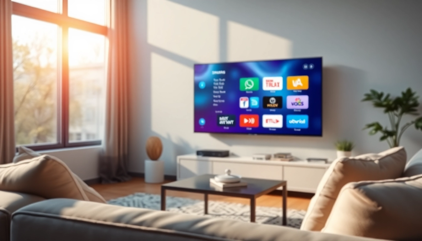 Suisse IPTV services displayed on a smart TV in a cozy modern living room setting.