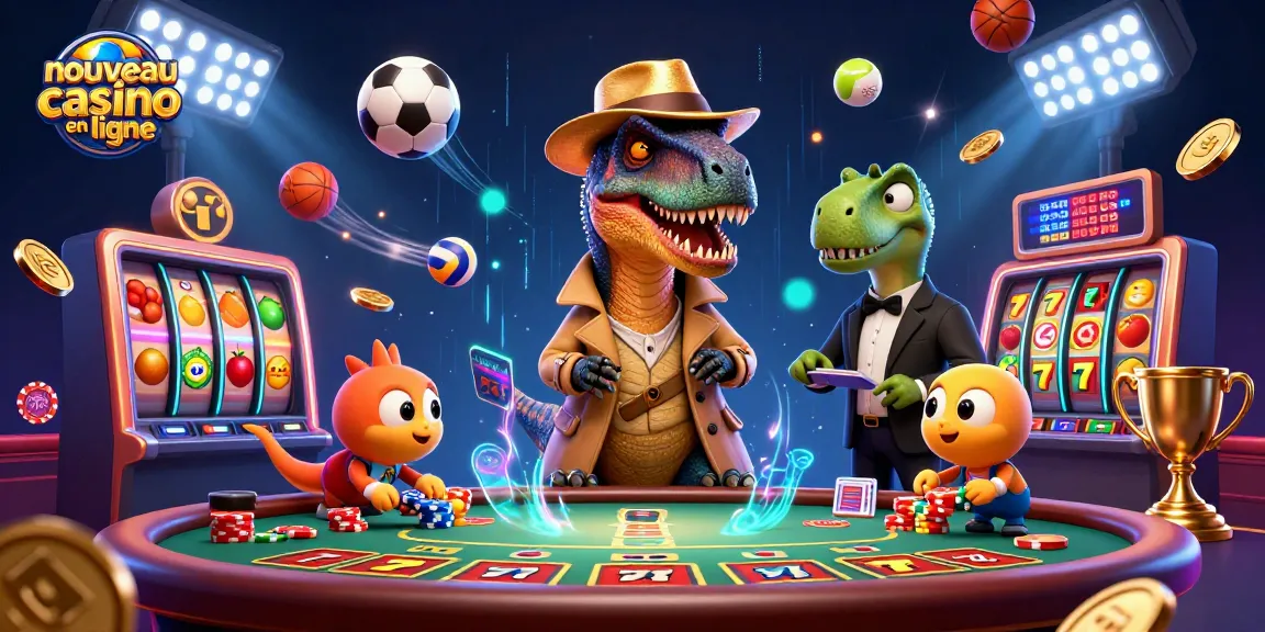 Illustration d'un nouveau casino en ligne avec un vélociraptor jouant aux cartes au blackjack et des éléments de jeux dynamiques.