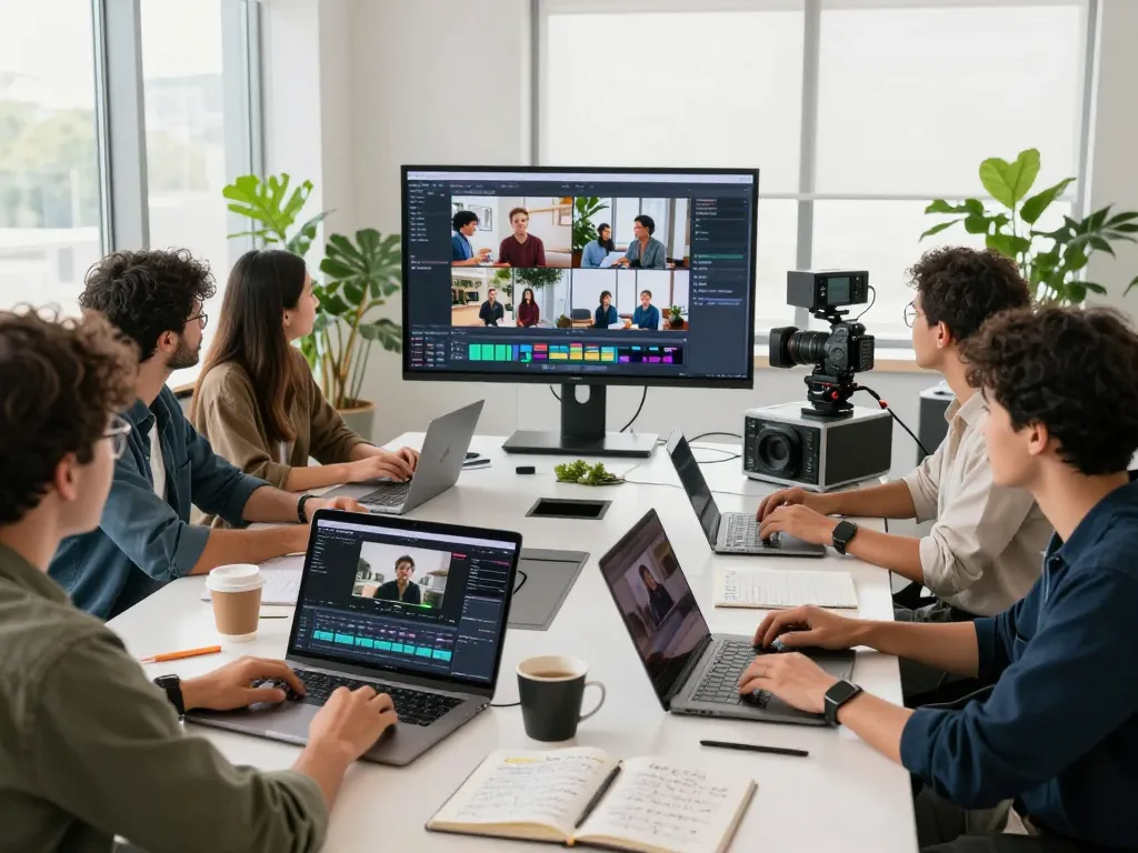 Seedance 2.0 video production team collaborating in innovative workspace with advanced tech tools.