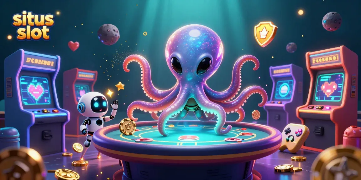 Engage in thrilling slots at the situs slot with a vibrant 3D illustration featuring a playful alien octopus.