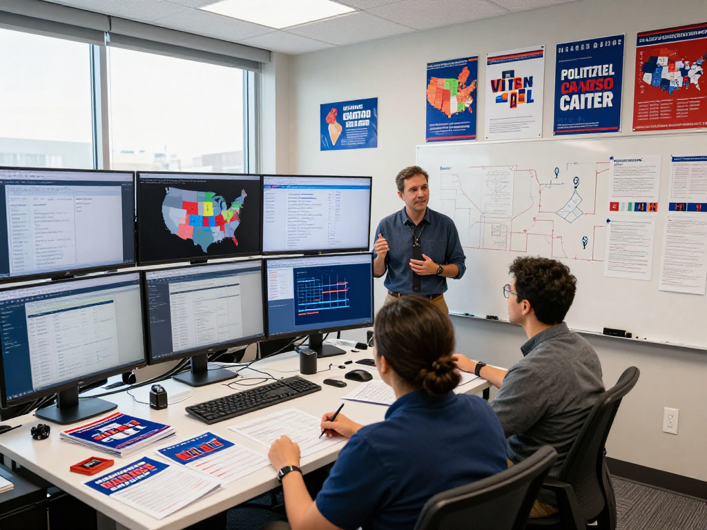 Engaging political campaign team performing a campaign lift study using comprehensive data analytics in 2026.