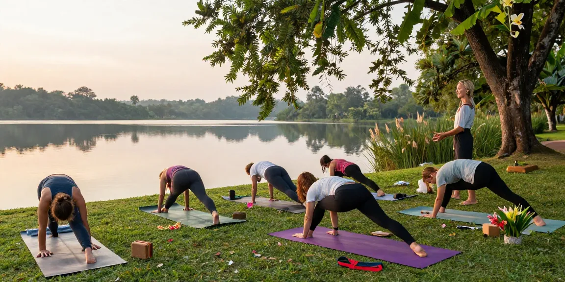 Group practicing Vinyasa yoga retreat Sri Lanka by serene lake in morning light