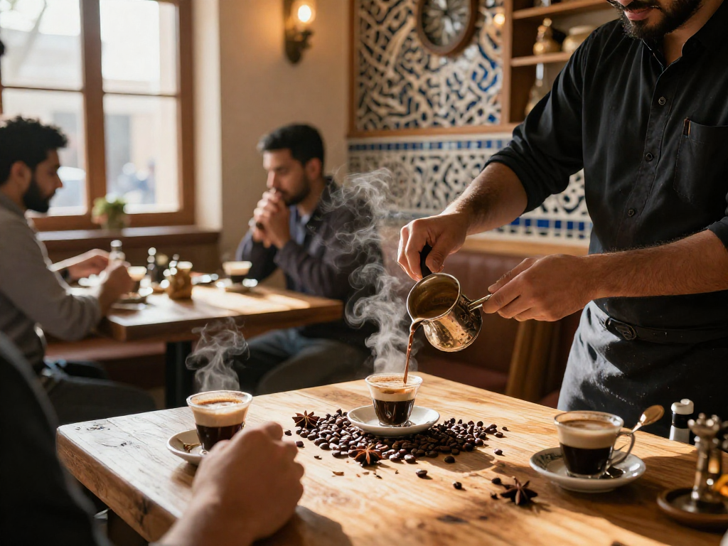 قهوجي الرياض يعد قهوة عربية تقليدية في مقهى مريح في الرياض