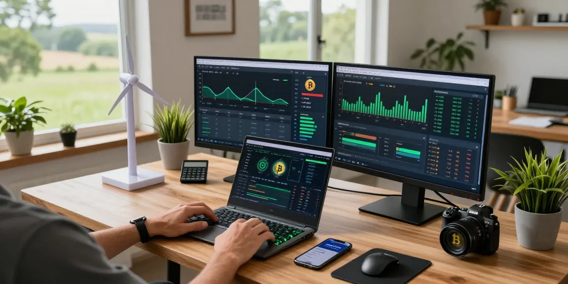 Sustainable bitcoin mining setup in an eco-friendly workspace with crypto data displays and renewable energy source.