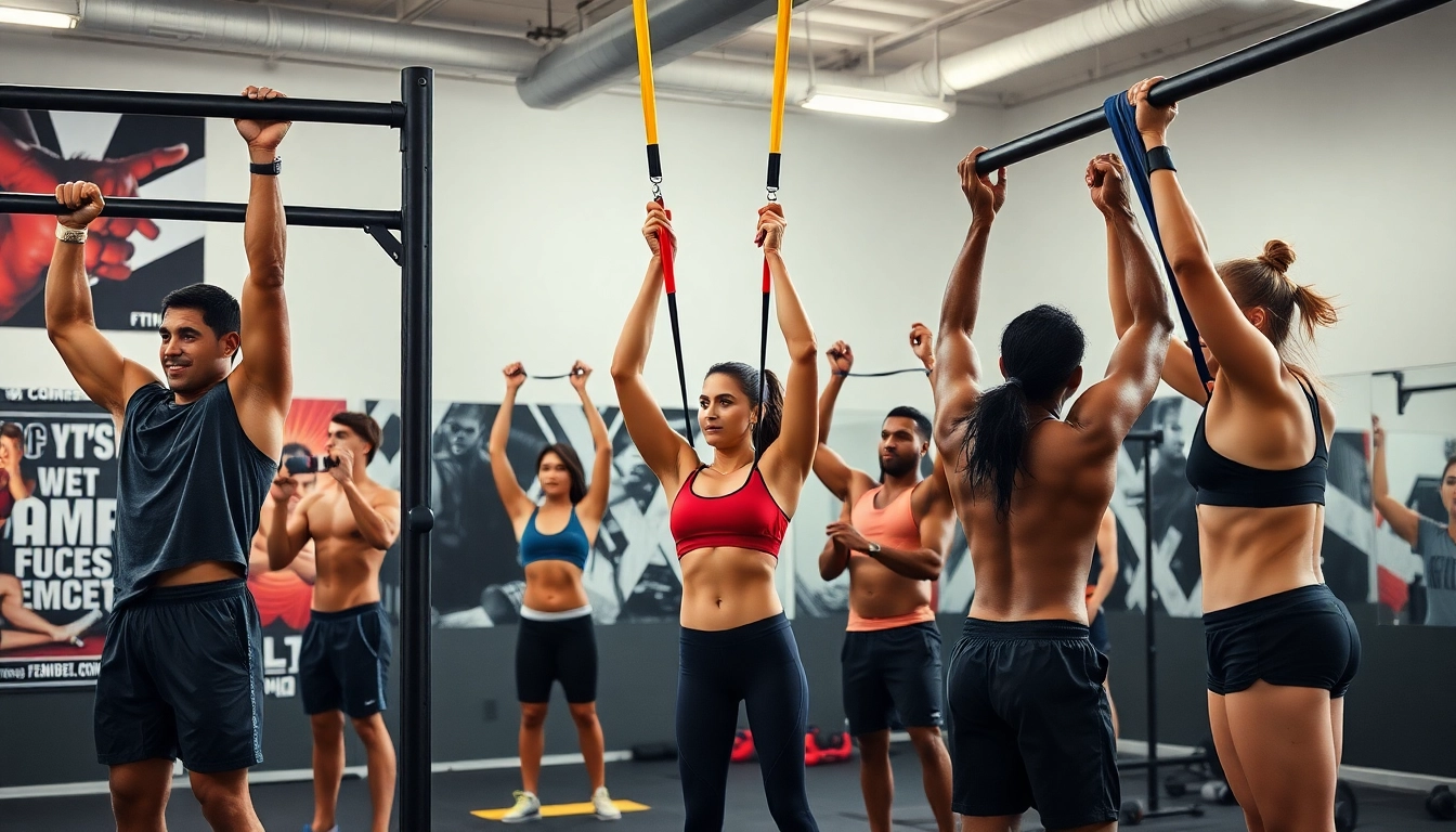 Dynamic fitness scene with diverse individuals using stretch bands for pull-ups in a gym setting.