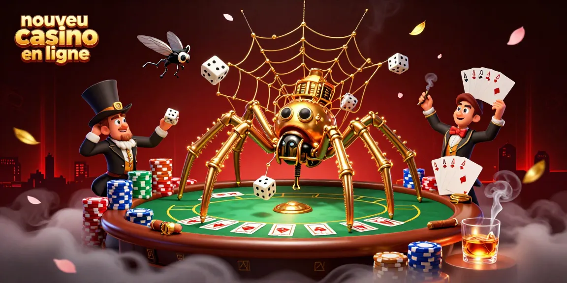 Plongez dans l'univers du nouveau casino en ligne avec une araignée dorée steampunk capturant les dés malchanceux.