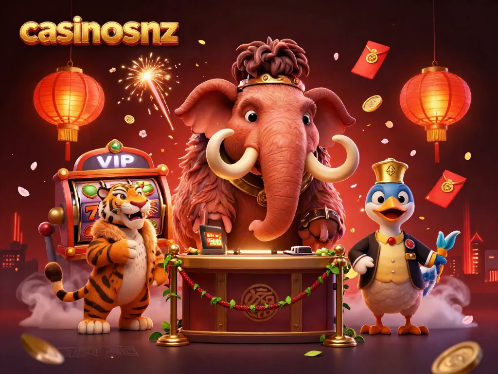 Join the excitement at casinosnz with a 3D illustration of a casino bouncer, VIP guest, and doorman amidst vibrant elements.