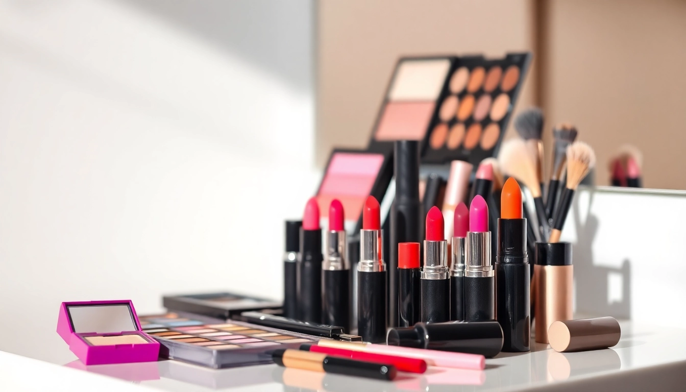 Showcase of high-quality wholesale make up products on a modern vanity, vibrant and inviting.