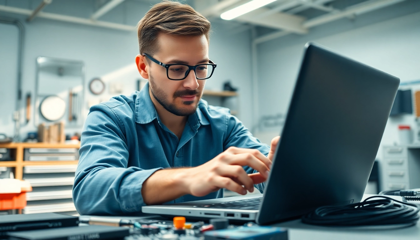 Technician performing a computer repair on a laptop in a bright workshop environment.