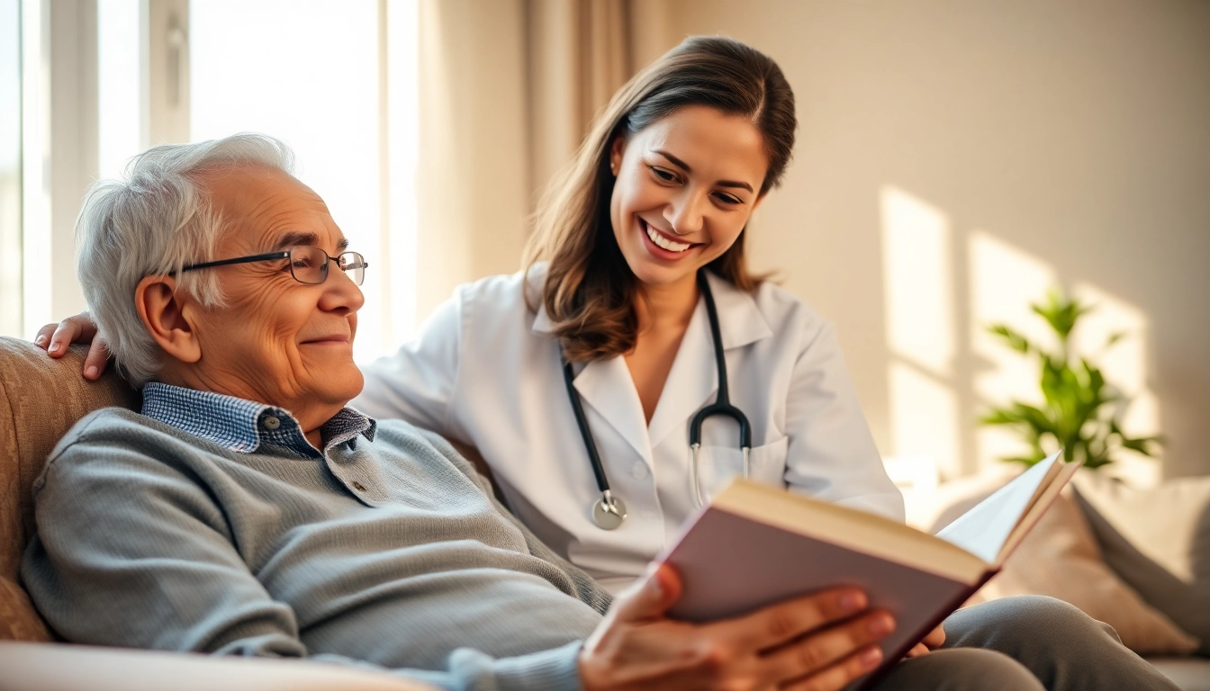 Caregiver providing in home care near me for an elderly individual in a cozy setting.