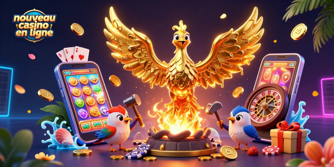Découvrez le nouveau casino en ligne avec un phœnix doré émergeant d'un four, entouré de jeux et de pièces.