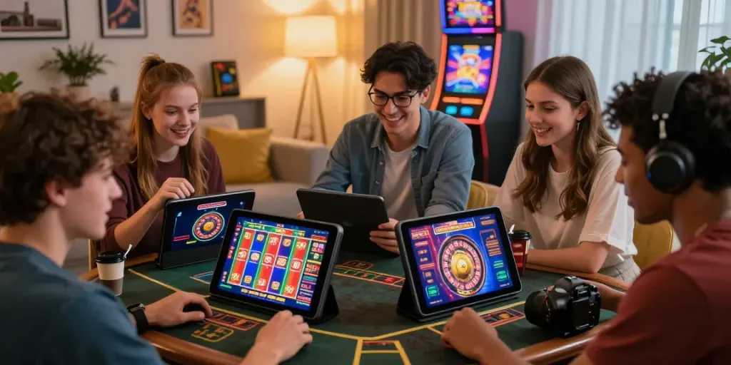 Friends enjoying gaming experience at casinos not on GamStop in a cozy setting