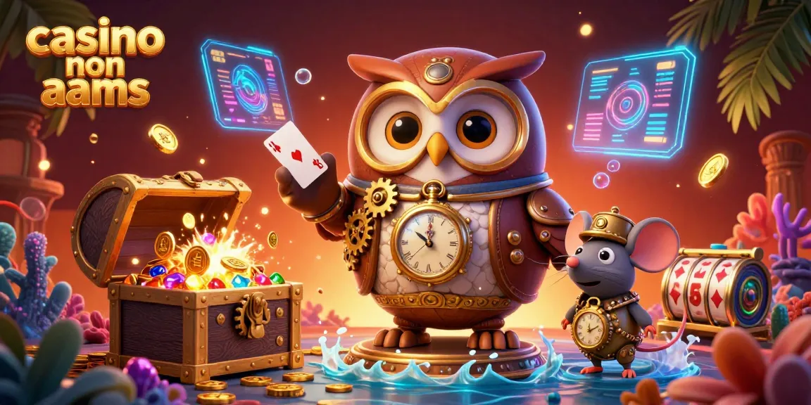 Interagisci con il vibrante mondo dei casino non AAMS attraverso una fantastica illustrazione 3D che presenta un gufo viaggiatore nel tempo e elementi di gioco.