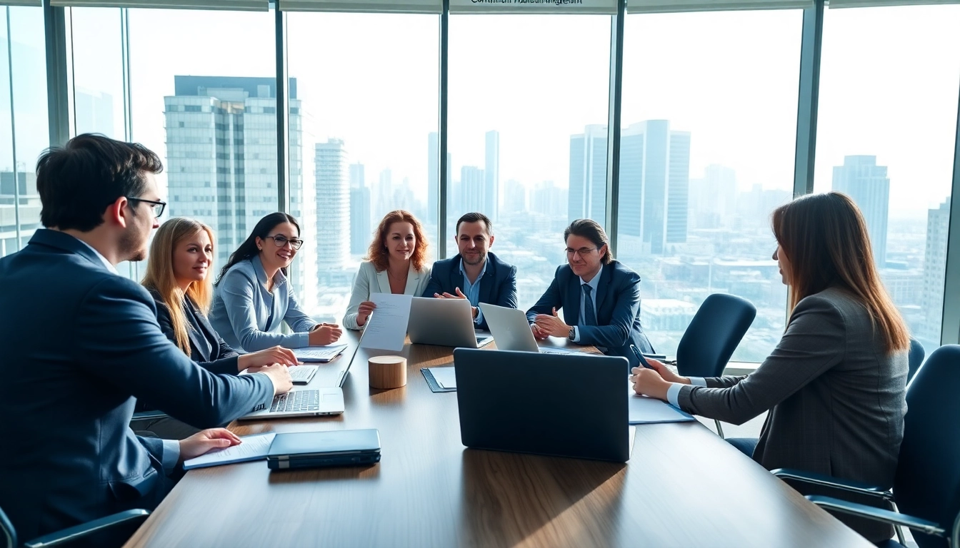 Collaborative session on Contract Management. with a diverse team in a bright office.