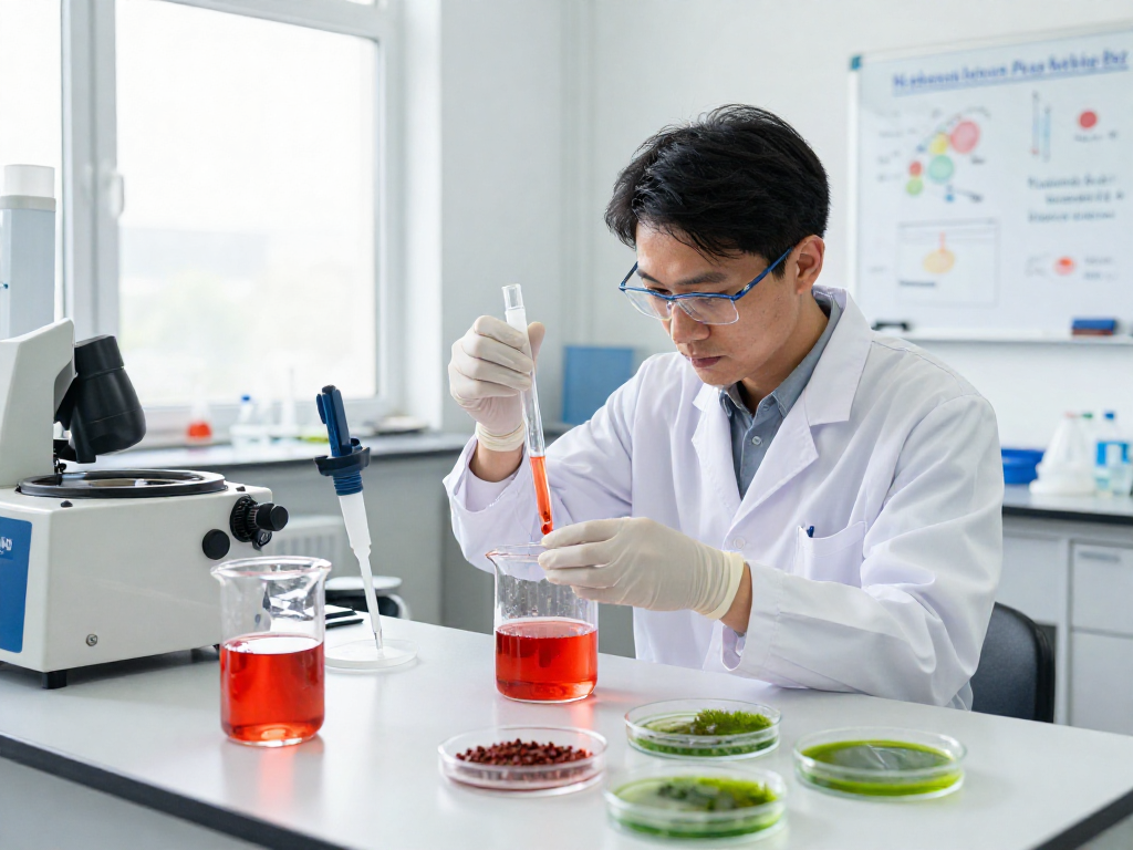 Haematococcus pluvialis astaxanthin extraction process in a bright laboratory.