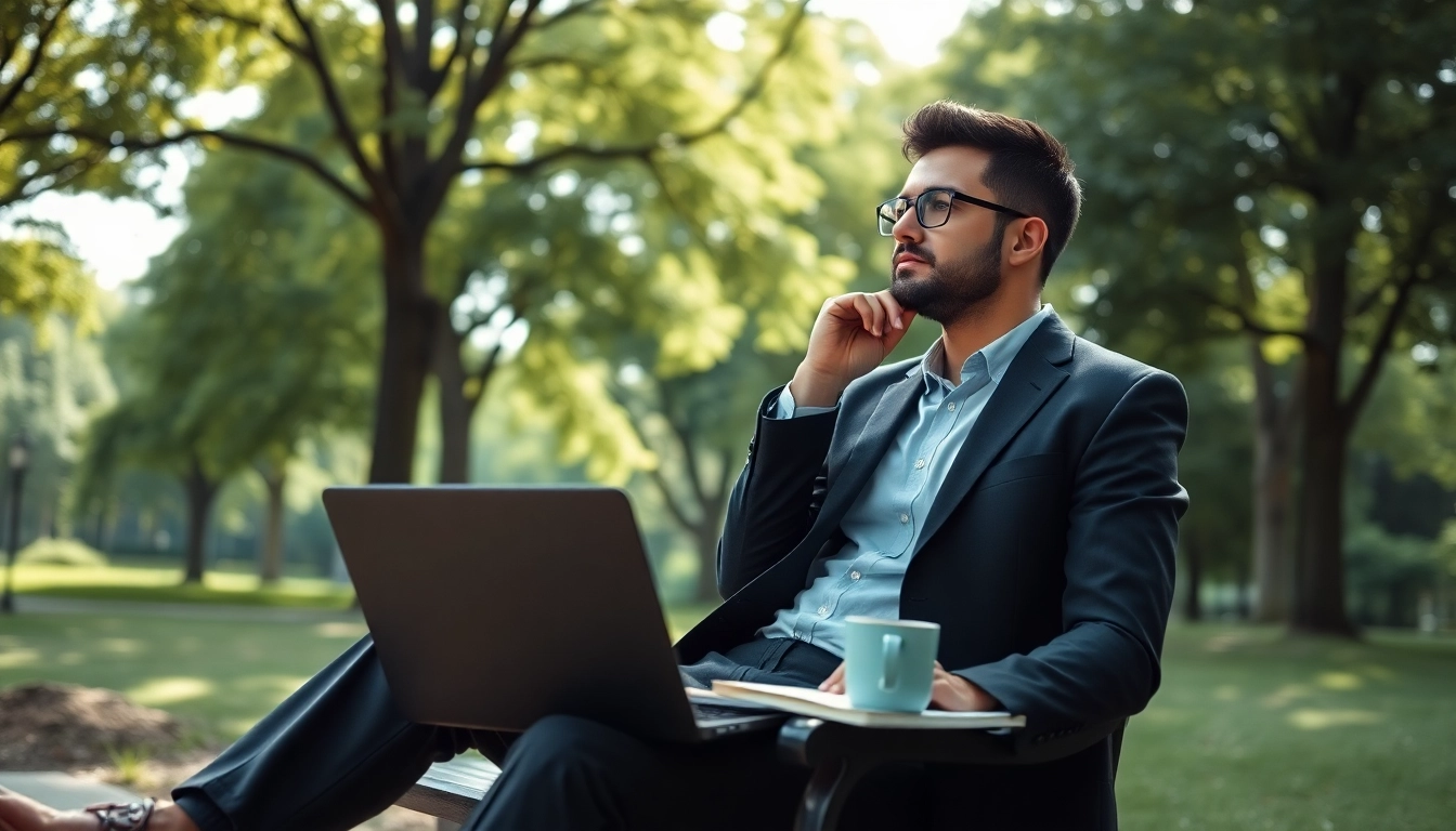 Person seeking to find my true calling in a peaceful outdoor setting with a laptop and notebook.