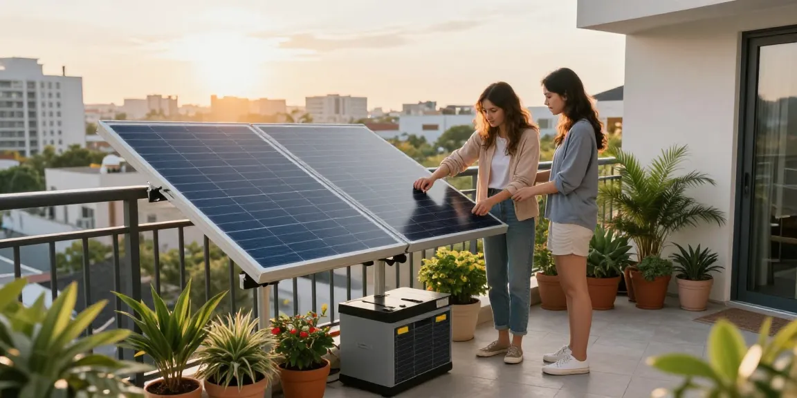 Couple installing balcony solar panels for sustainable energy at home.