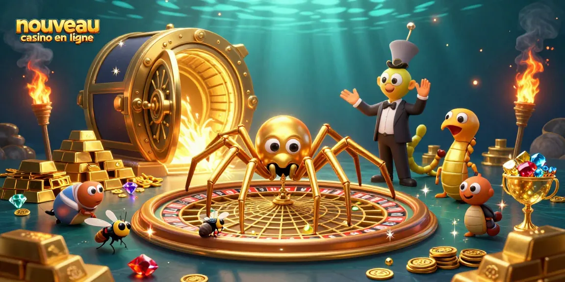 Placer vos paris au nouveau casino en ligne avec une araignée dorée et un croupier.