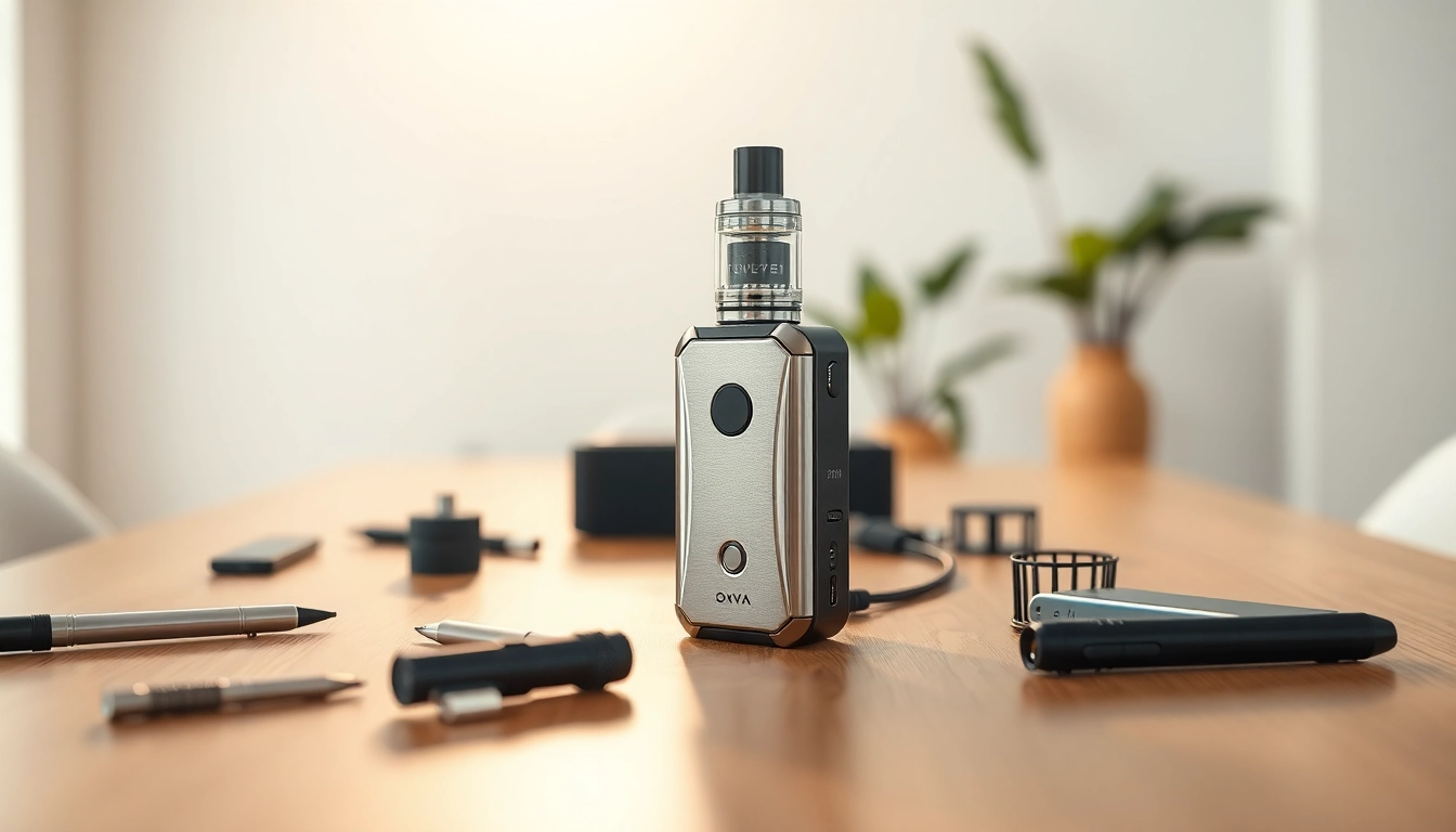 Oxva Vape Gerät stilvoll auf dem Tisch angeordnet mit Zubehör und lebendiger Atmosphäre.