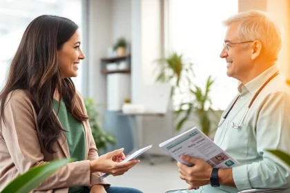 Discussing Health with a patient in a modern clinic, emphasizing wellness and care.