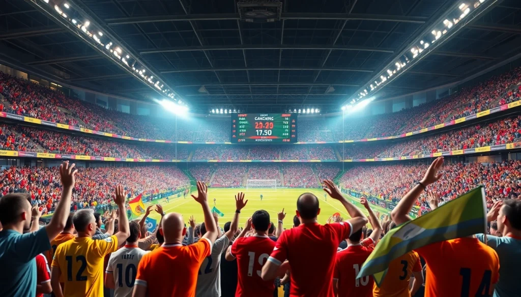 축구중계 생중계 장면을 보여주는 현대적인 경기장과 관중의 열광적인 모습