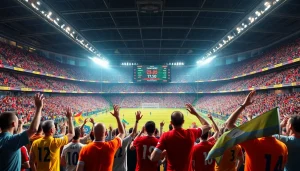 축구중계 생중계 장면을 보여주는 현대적인 경기장과 관중의 열광적인 모습