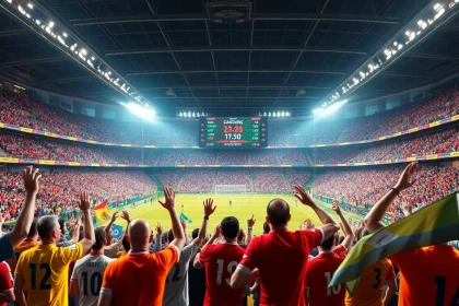 축구중계 생중계 장면을 보여주는 현대적인 경기장과 관중의 열광적인 모습