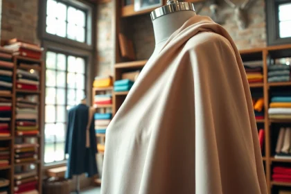 Punta di Roma stof prachtig uitgestald op een mannequin in een modeboetiek.