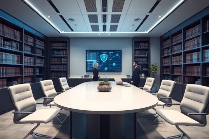 Managed IT for Law Firms Tampa in a modern law office with high-tech features and collaborative atmosphere.