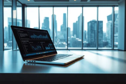 Highlighting technology advancements, a professional workspace showcases innovative tools and a vibrant city view.