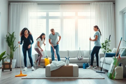 Team providing Cleaning Service in a modern home setting while showcasing teamwork and professionalism.