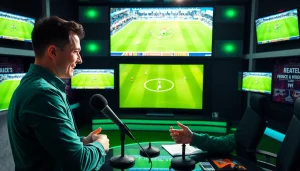 축구중계에 대한 설명을 하는 스포츠 해설자의 활기찬 세팅