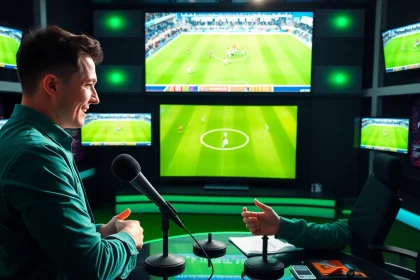 축구중계에 대한 설명을 하는 스포츠 해설자의 활기찬 세팅