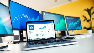 Showcase of facebook smm panel dashboard in a vibrant digital marketing workspace, enhancing social media engagement.