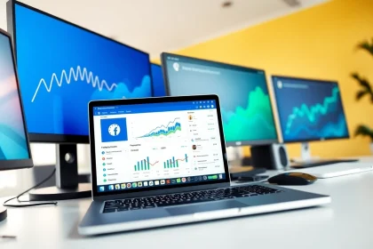 Showcase of facebook smm panel dashboard in a vibrant digital marketing workspace, enhancing social media engagement.