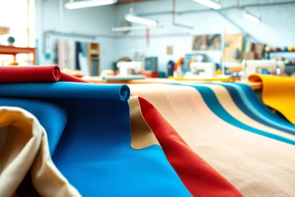 Canvas stof in een levendige showroom met diverse patronen en texturen.