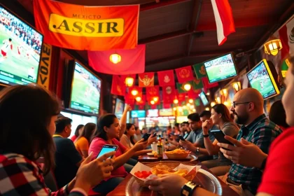 Engaging in sports betting in Mexico at a vibrant sports bar with fans enjoying the matches.