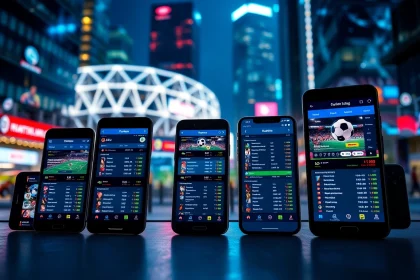 Engaging scene highlighting sports betting apps India on mobile devices in a vibrant urban setting.