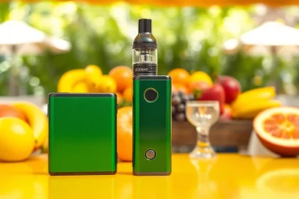 Elfbar Vape auf einem bunten Tisch mit frischen Obstarrangements in einem entspannten Café-Setting.