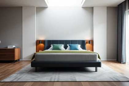 Materassi matrimoniali di alta qualità sistemati in una camera accogliente, illuminata, per un sonno perfetto.