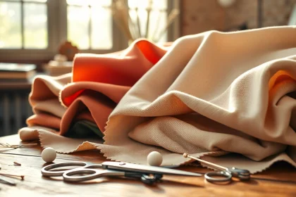 Katoen fabric textures displayed creatively with sewing tools, enhancing artistic inspiration.