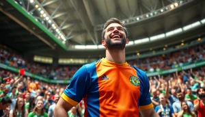Cheerful fan dons discount football shirts in a vibrant stadium filled with supporters.