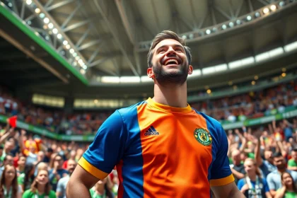 Cheerful fan dons discount football shirts in a vibrant stadium filled with supporters.