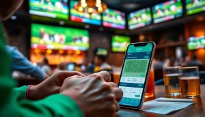 Explore sports betting apps India showcasing user interaction and excitement in a lively sports bar setting.