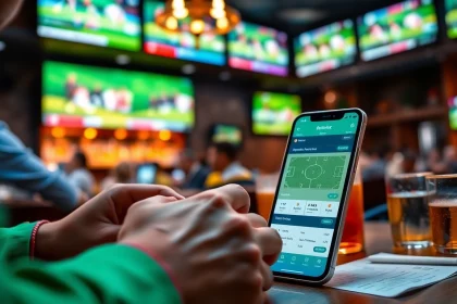 Explore sports betting apps India showcasing user interaction and excitement in a lively sports bar setting.