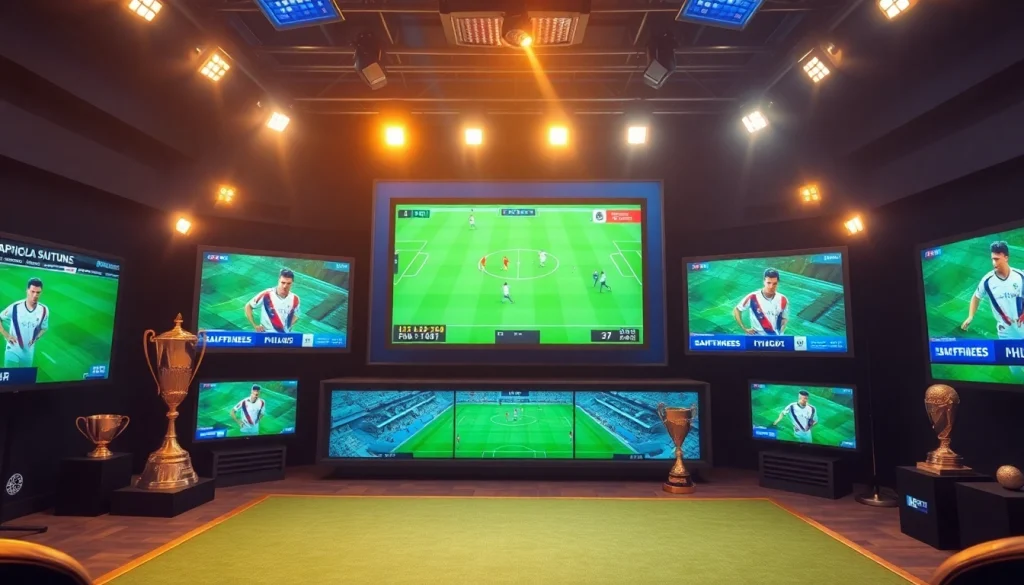 빠르게 변하는 해외축구중계 장면을 보여주는 전문가의 스포츠 방송 세트.