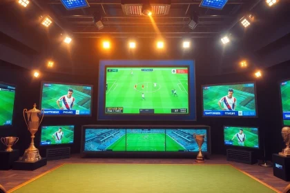 빠르게 변하는 해외축구중계 장면을 보여주는 전문가의 스포츠 방송 세트.