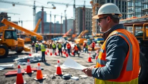 New Jersey Construction Manager supervising on-site activities with equipment and team members.