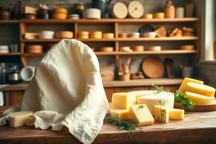 Kaasdoek in a kitchen setting with cheese and herbs, enhancing culinary experiences.