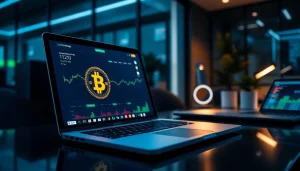 Engaging workspace featuring a crypto mining app interface with Bitcoin graphics.